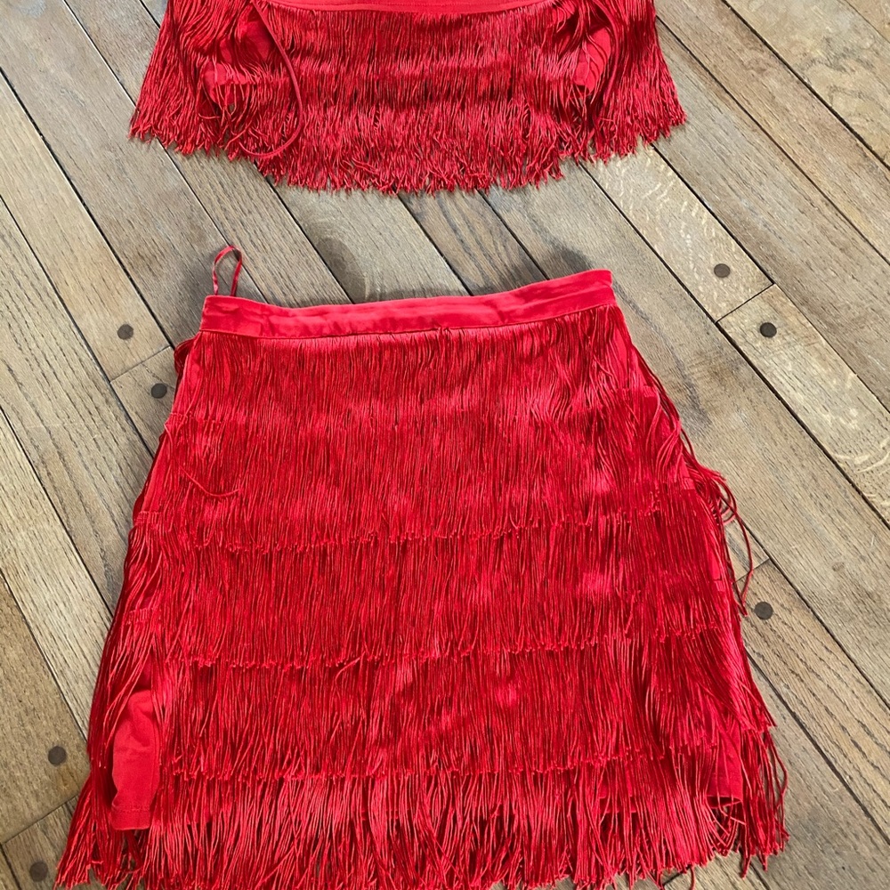 2 piece red fringed mini skirt and crop top